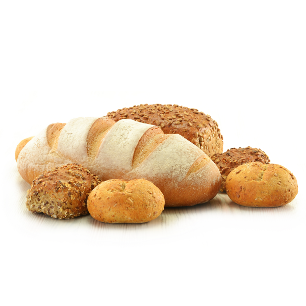Varieties of bread loaves and buns on a white background